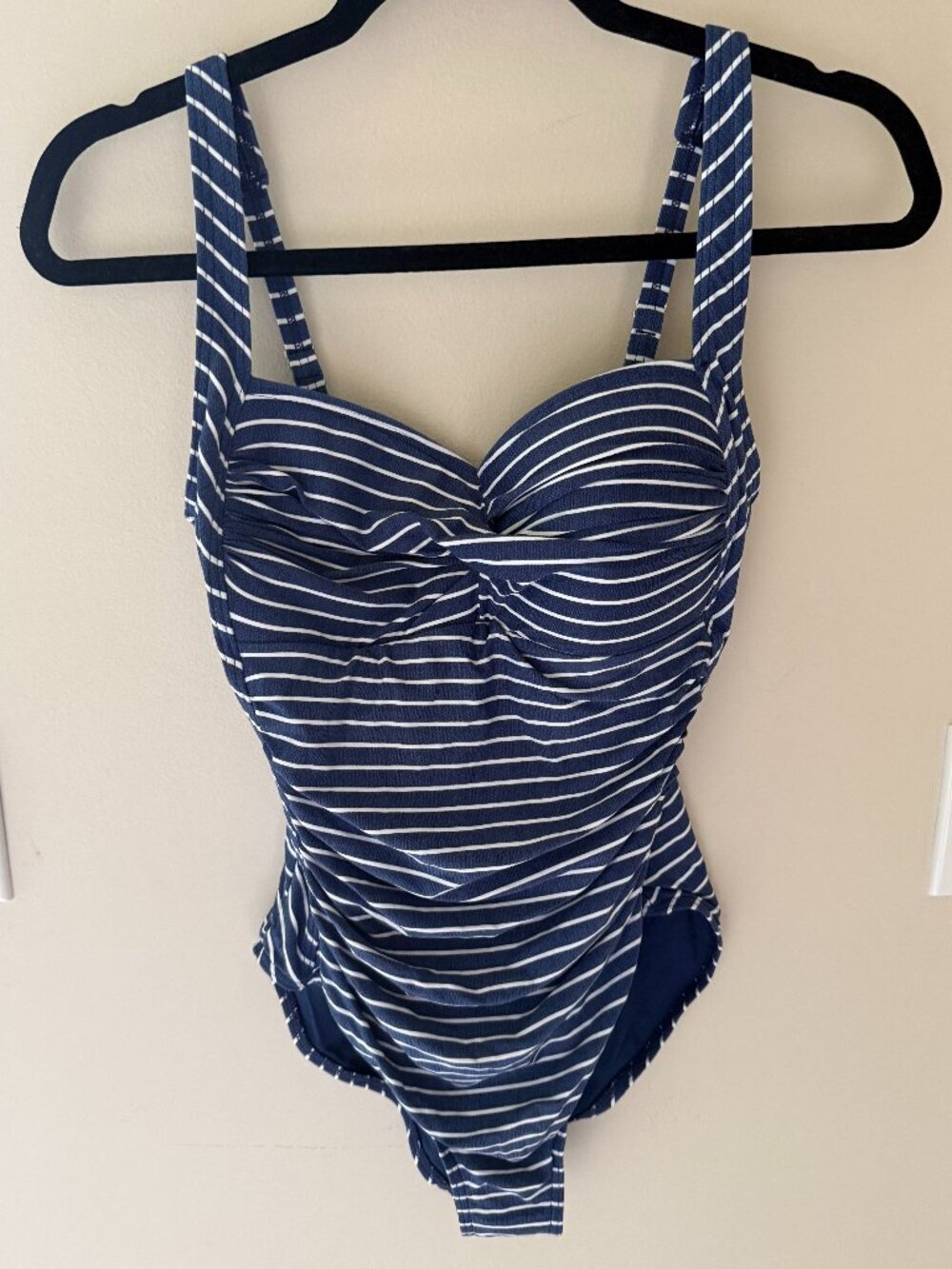 Nip Tuck Swim Navy White Striped One Piece Swimsuit Ruched Tummy Control US 8